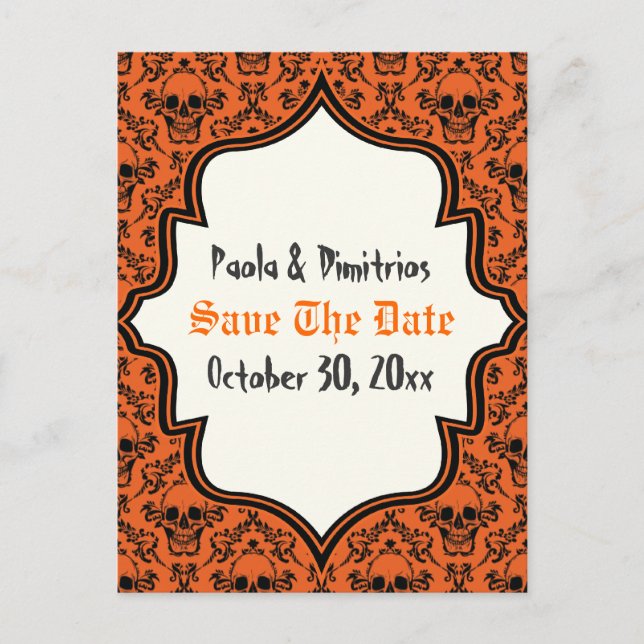 Skulls damask orange black Halloween Save the Date Announcement Postcard (Front)