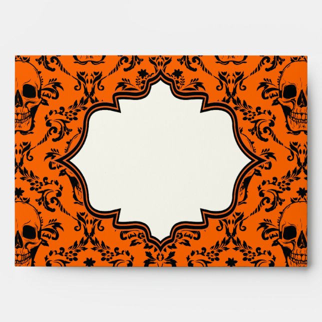 Skulls damask orange black Halloween wedding Envelope (Front)