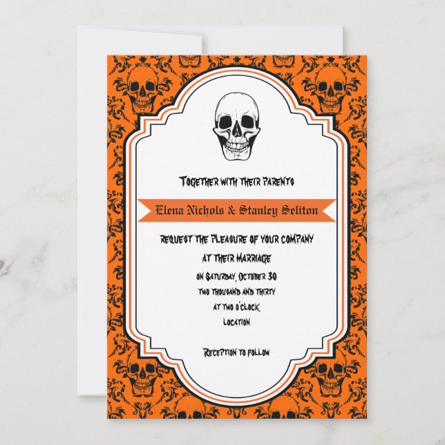 Skulls damask orange, black Halloween wedding Invitation (Front)