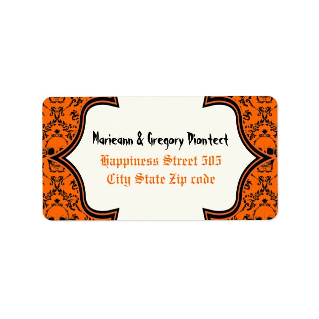 Skulls damask orange black Halloween wedding Label (Front)