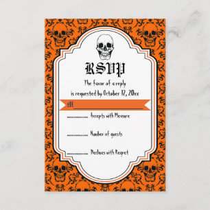 Skulls damask orange, black Halloween wedding RSVP Card