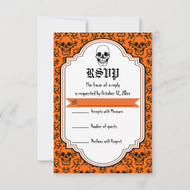 Skulls damask orange, black Halloween wedding RSVP Card (Front)