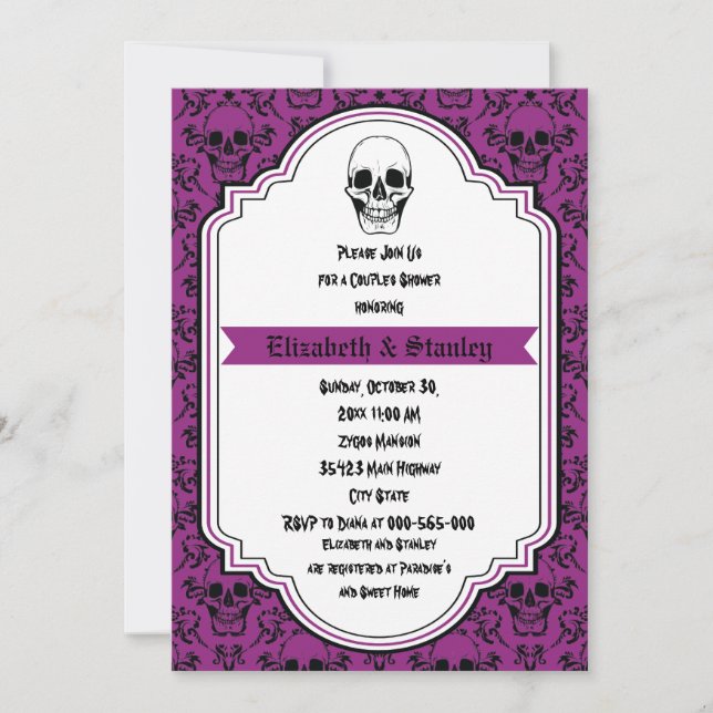 Skulls damask purple, black wedding couples shower invitation (Front)
