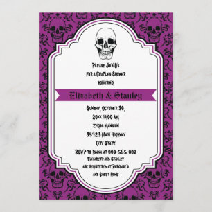 Skulls damask purple, black wedding couples shower invitation