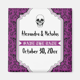Skulls damask purple, black wedding Save the Date Magnet