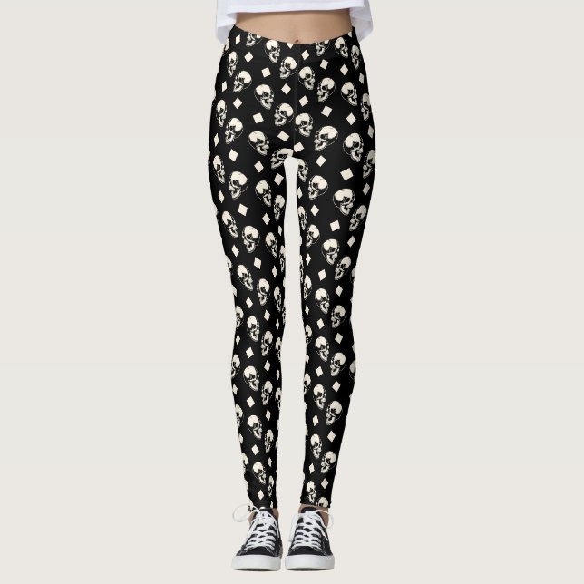 Skulls Diamond Pattern Black Halloween Leggings (Front)