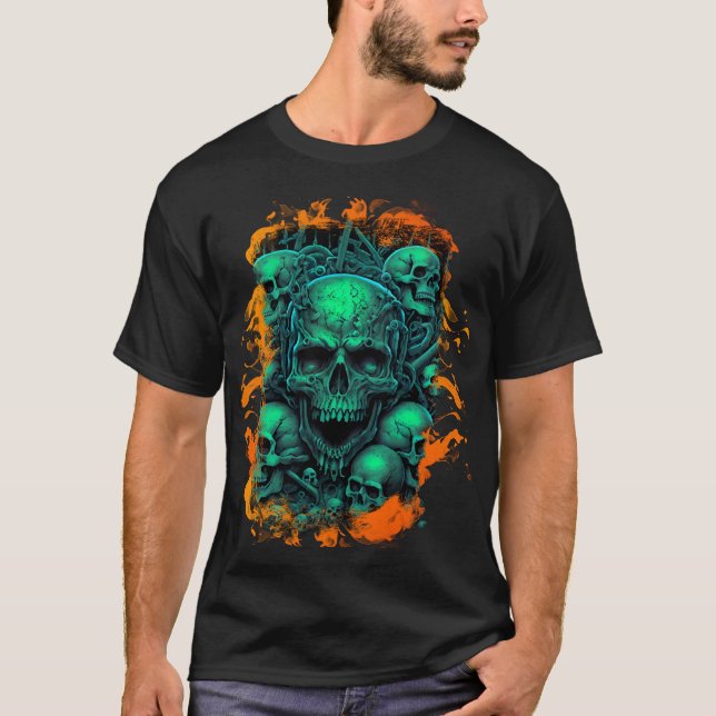 Skulls Flames Scary Green Colour Gothic Biker T-Shirt (Front)