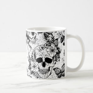 Skulls & Floral Black and White Mug Coffee Mug Cup
