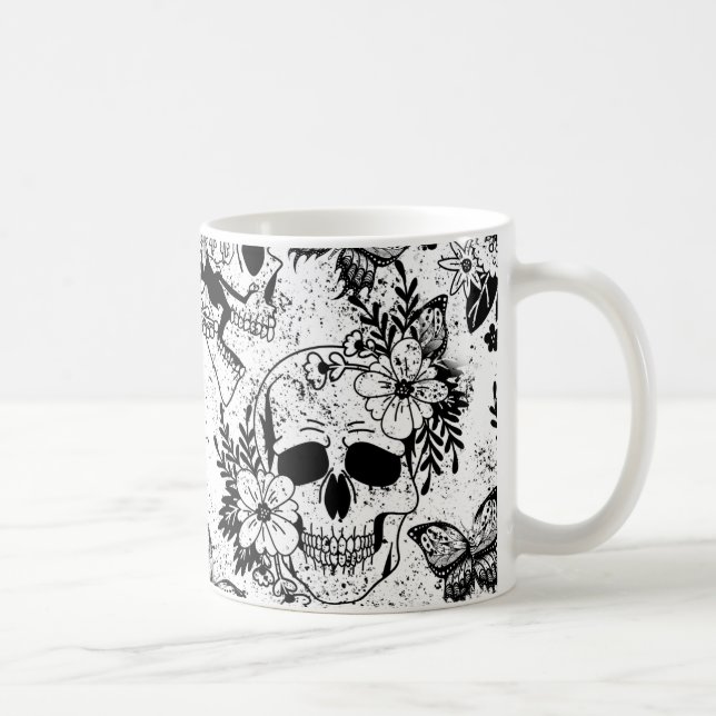 Skulls & Floral Black and White Mug Coffee Mug Cup (Right)