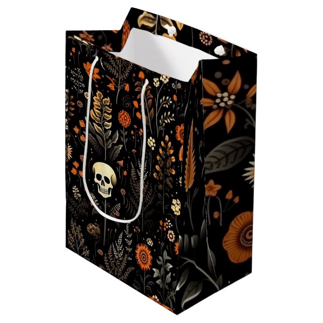 Skulls Flowers and Greenery Black Halloween Medium Gift Bag (Front Angled)