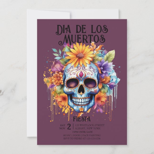 Skulls Flowers Indigo Dia de los Muertos Party Invitation (Front)