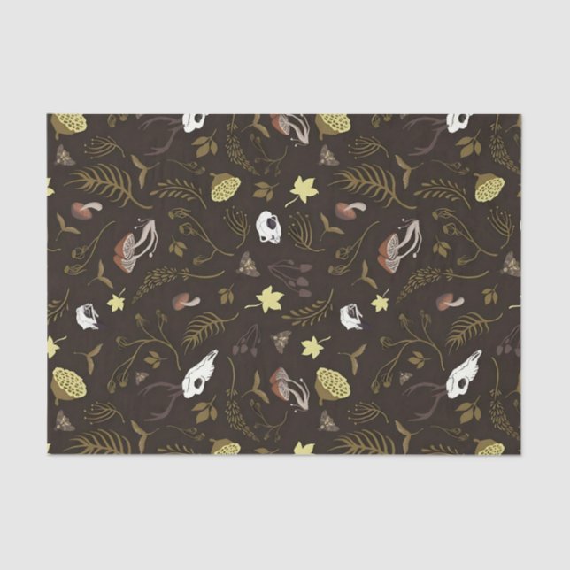 Skulls & Fungi on dark brown/redish background  Tissue Paper (Front)