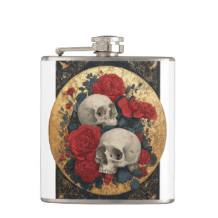 Skulls, gold and roses hip flask