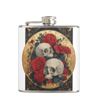Skulls, gold and roses hip flask
