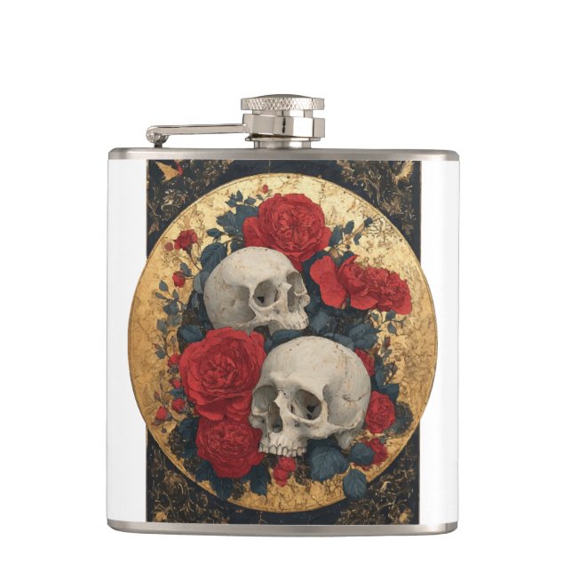Skulls, gold and roses hip flask (Front)