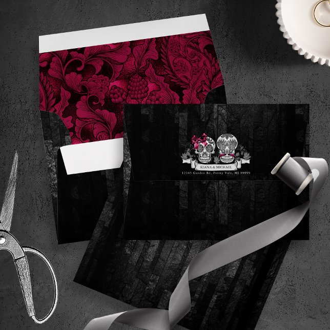 Skulls Gothic Hallowedding Burgundy ID866 Envelope (Front/Back/Interior In Situ)