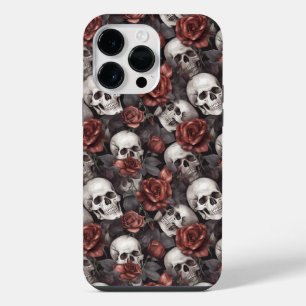 Skulls Gothic Red Rose Pattern iPhone 14 Pro Max Case