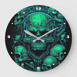 Skulls Green Black Scary Biker Gothic Halloween Large Clock
