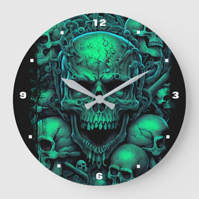 Skulls Green Black Scary Biker Gothic Halloween  Large Clock (Front)