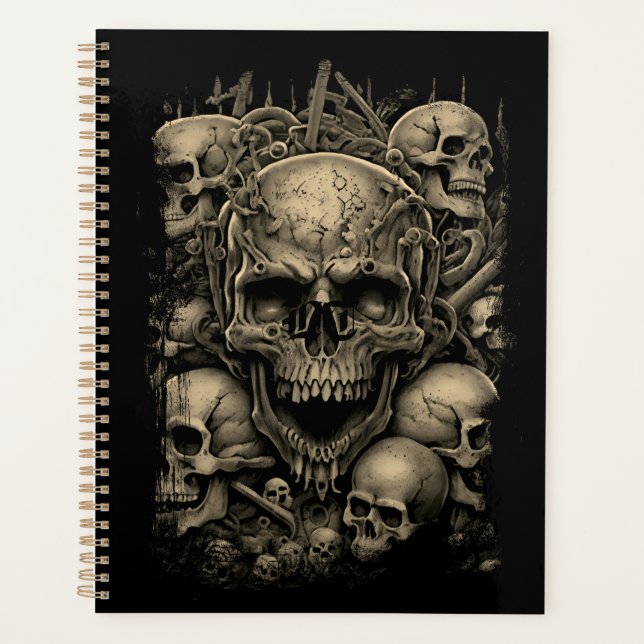 Skulls Grouping Beige on Black Gothic Scary Planner (Front)
