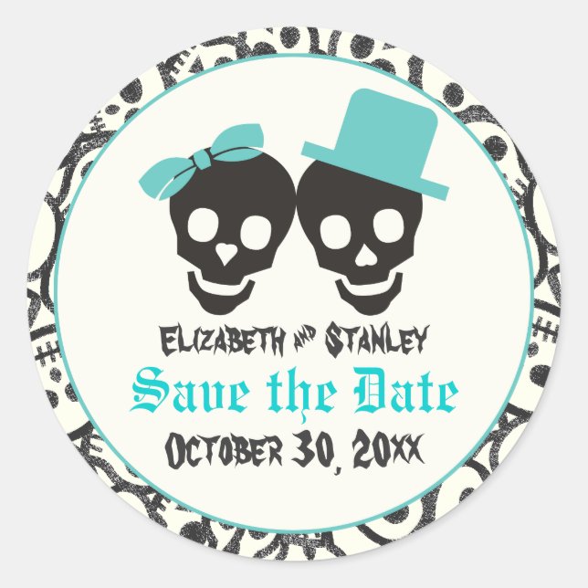 Skulls Halloween Turquoise wedding Save the Date Classic Round Sticker (Front)