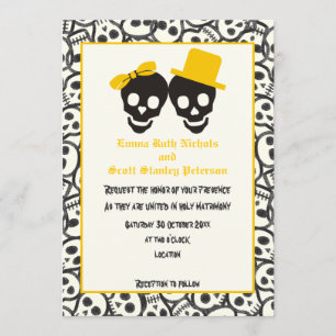 Skulls Halloween yellow black wedding invitation