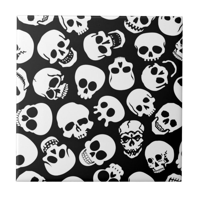 Skulls in Black Background Pattern Ceramic Tile (Front)