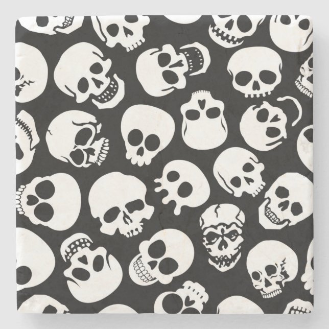 Skulls in Black Background Pattern Stone Coaster (Front)