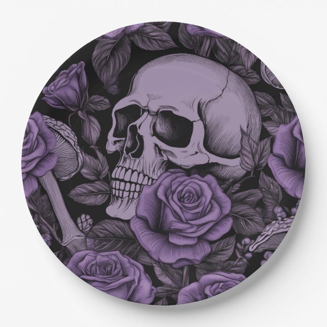 Skulls in Bloom: Purple Rose Pattern, Goth Lovers Paper Plate (Front)