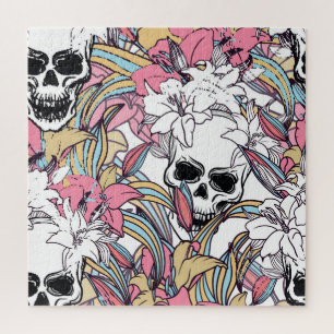 Skulls Lily Flowers: Boho Vintage. Jigsaw Puzzle