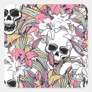 Skulls Lily Flowers: Boho Vintage. Square Sticker