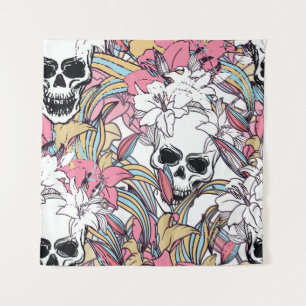 Skulls Lily Flowers: Boho Vintage. Tapestry