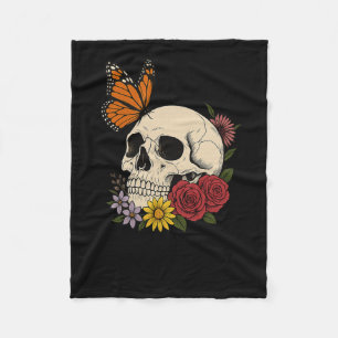 Skulls Monarch Butterfly Flowers Halloween Men Wom Fleece Blanket