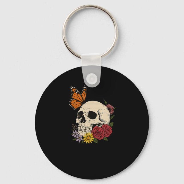 Skulls Monarch Butterfly Flowers Halloween Men Wom Key Ring (Front)