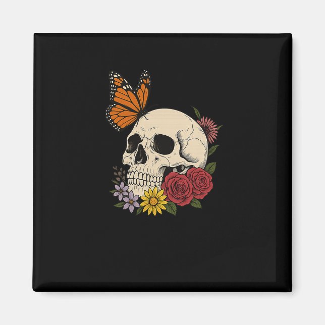 Skulls Monarch Butterfly Flowers Halloween Men Wom Magnet (Front)