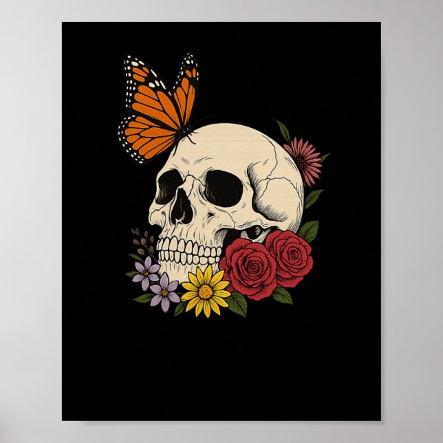 Skulls Monarch Butterfly Flowers Halloween Men Wom Poster (Front)
