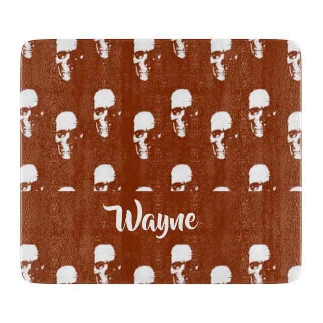 Skulls on brown custom cutting board (Front)
