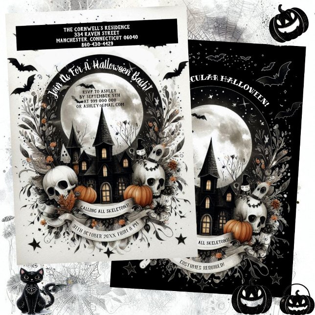 Skulls Pumpkin Haunted House Halloween Bash Gothic Invitation (Skulls Pumpkin Haunted House Halloween Bash Gothic Invitation)