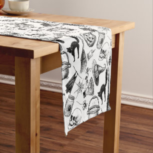 Skulls Pumpkins Broomsticks Bats Halloween Short Table Runner