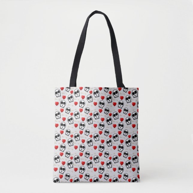 Skulls & Red Hearts Halloween Pattern Tote Bag (Front)