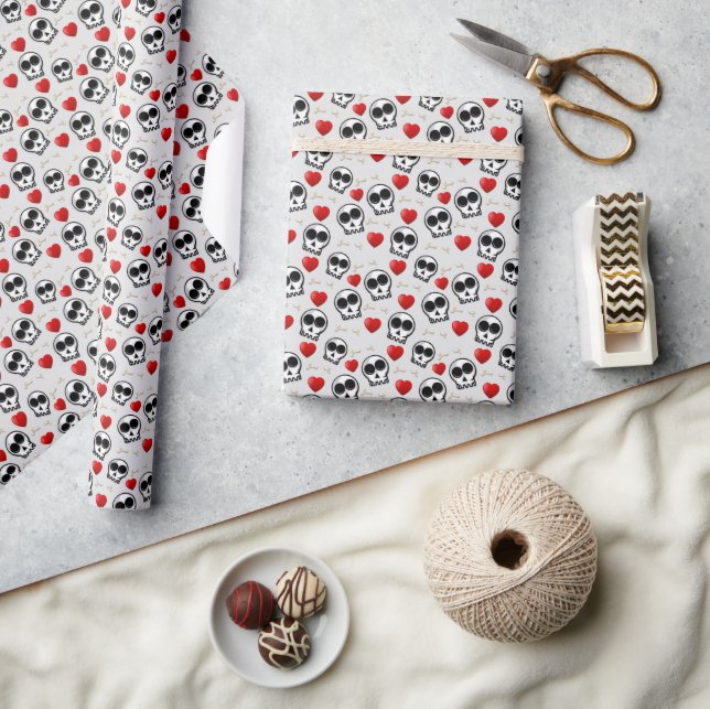 Skulls & Red Hearts Halloween Pattern Wrapping Paper (Crafts)