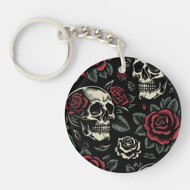Skulls & Red Roses Gothic Floral  Key Ring (Front)