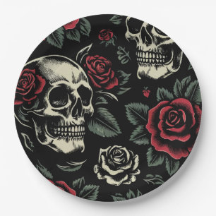 Skulls & Red Roses Gothic Floral  Paper Plate