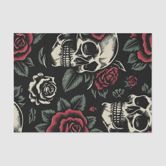 Skulls & Red Roses Gothic Floral  Tissue Paper (Front)