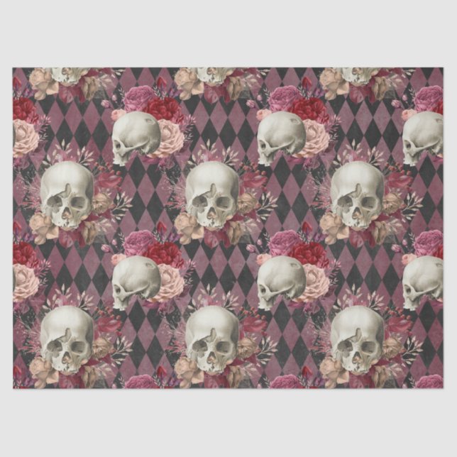 Skulls Roses and Pink Purple Chequered Decoupage Tissue Paper (Front)