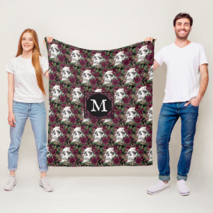 Skulls Roses Burgundy Black Monogrammed Fleece Blanket