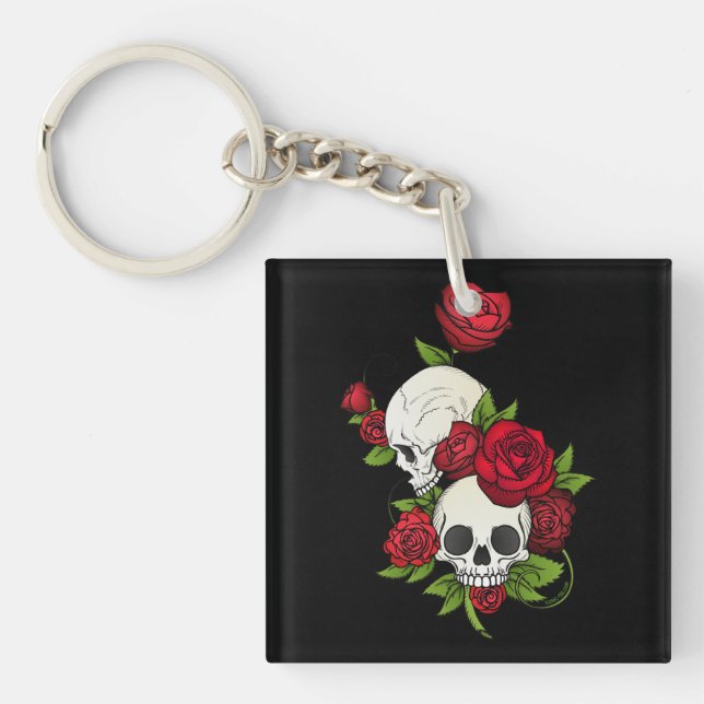 Skulls Roses Día de Muertos Key Ring (Front)