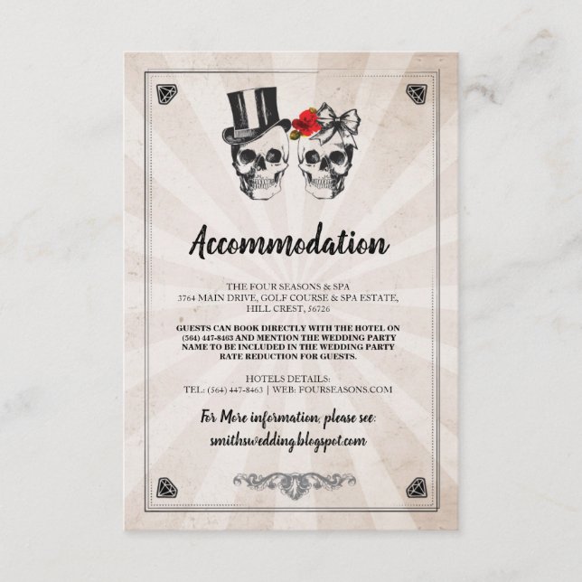 Skulls Roses Mr & Mrs Accommodation Wedding Cards (Front)