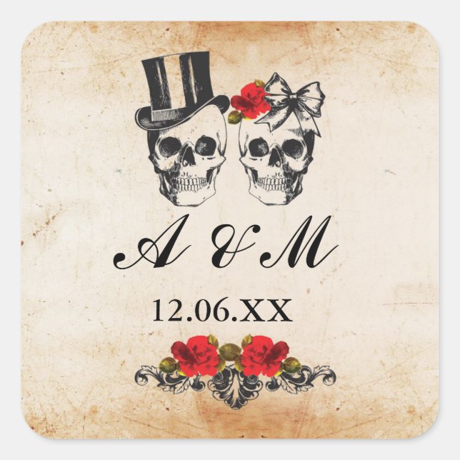 Skulls Rustic Vintage Red Roses Stickers Labels (Front)