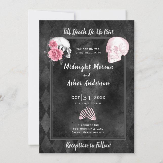 Skulls Skeleton Till Death Do Us Part Black Pink Invitation (Front)